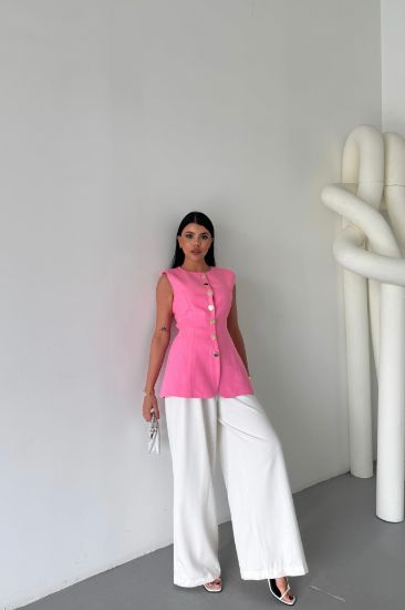 KETEN YELEK BELDEN OTURTMALISIRALI DÜĞME DETAYLI - Pembe resmi